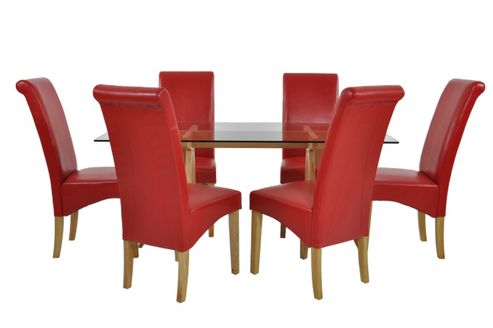 Image of Atlantico Long White Wood Top Dining Table Set With 6 Red Chelsea Chairs