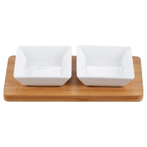Image of Super White Square Dip Dish, 2 Piece, Porcleain And Bamboo