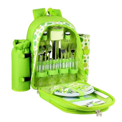 Image of Confidence Picnic Backpack Hamper Bright Green Polkadots Inc Plates, Cutlery