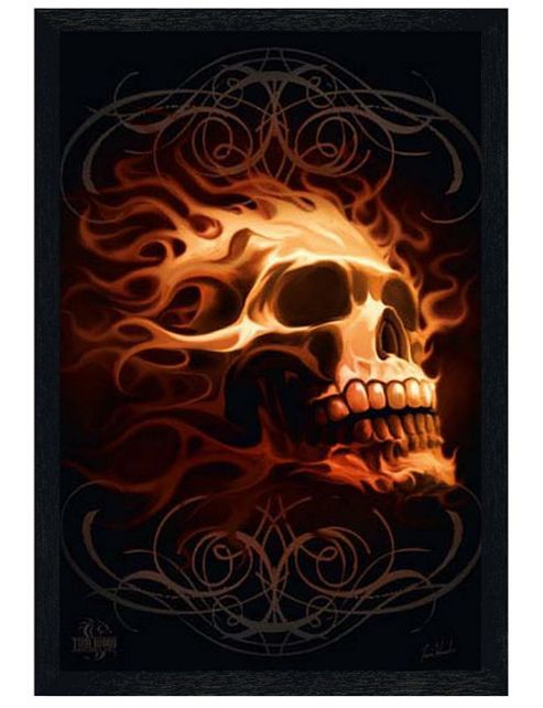 Image of Black Wooden Framed Flaming Skull Poster
