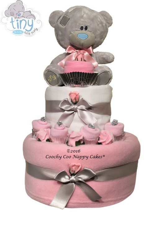 Image of Baby Girl Teddy Bear Nappy Cake Gift