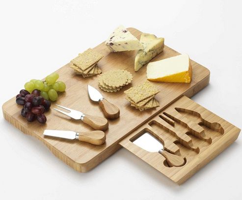 Image of Occasion Rectangular Bamboo Cheese Board With Drawer And 4 Cheese Knives