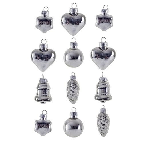 Image of Set Of 12 Silver Glass Christmas Bauble Decorations