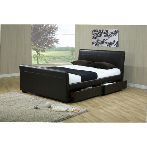 Image of Brown Four Drawer Sleigh Style Faux Leather Bed Frame - King Size 5ft