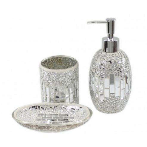 Image of Sparkle - Mosaic Bathroom Set / Soap Dish / Dispenser / Beaker - Silver