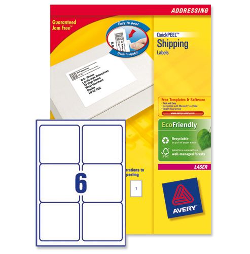 Image of Avery Addressing Labels Laser Jam-free 6 Per Sheet 99.1x93.1mm White Ref L7166-100 [600 Labels]