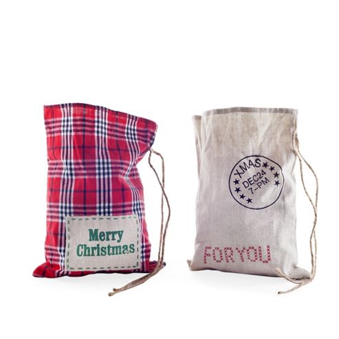 Image of Set Of Two Tartan & Natural Linen Christmas Sack Gift Bags