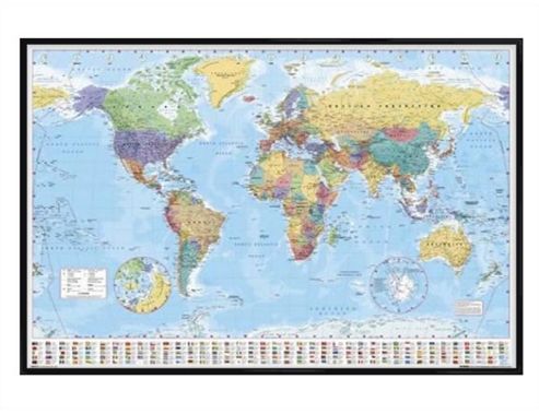 Image of World Map Gloss Black Framed World Map With Flags Poster