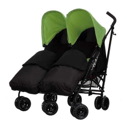 Image of Obaby Apollo Black & Grey Twin Stroller With 2 Black Footmuffs - Lime