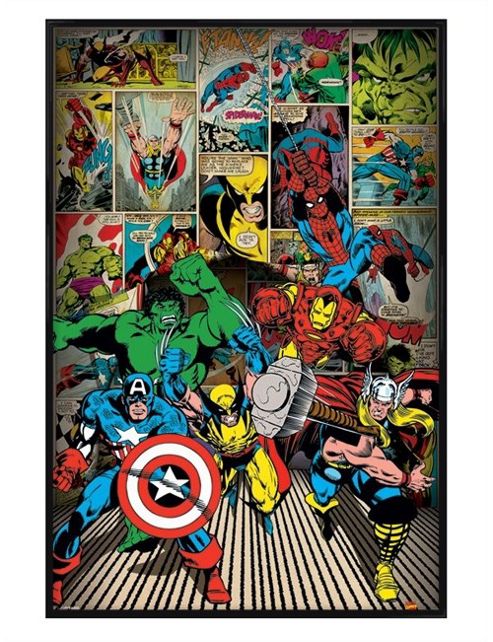 Image of Marvel Comics Gloss Black Framed Here Come The Heroes Poster
