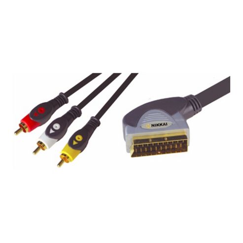 Image of Nikkai Scart To 3 Triple Phono Av Lead Cable Gold 1.5m