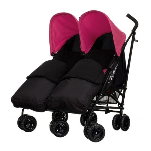 Image of Obaby Apollo Black & Grey Twin Stroller With 2 Black Footmuffs - Pink