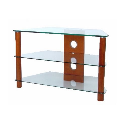 Image of 3 Shelf Tv Stand With Clear Glass And Mid-wood Legs