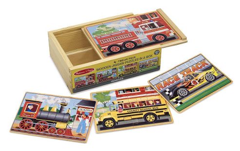 Image of Melissa Doug 4 Wooden Vehicle Jigsaw Puzzles In A Box Age 3