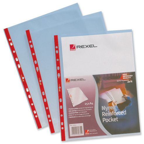 Image of Rexel Nyrex Pocket Reinforced Red Strip Side-opening A4 Clear Ref 12253 [pack Of 25]