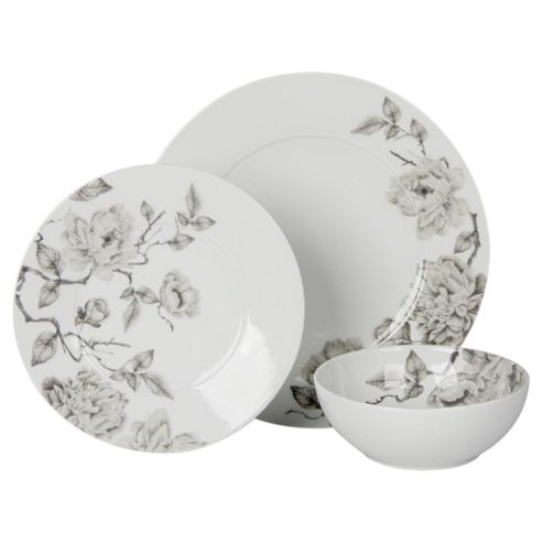 Image of Grey Floral Dinner Set, 12 Piece, 4 Person, Porcelain