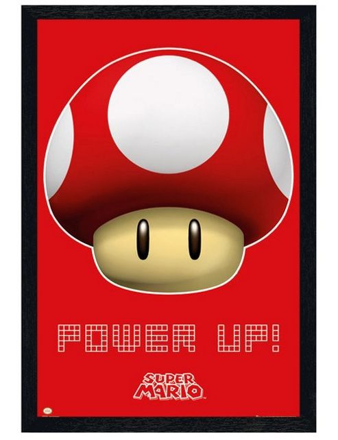 Image of Black Wooden Framed Super Mario Mushroom Power Up Poster