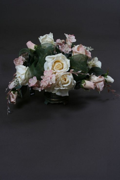 Image of Artificial 30cm Pale Pink Rose, White Rose And Mixed Foliage Table Display In A Teal And Gold Mini Ceramic Vase