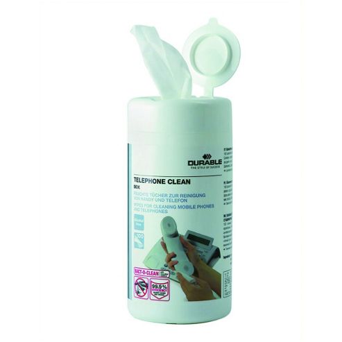 Image of Durable 100 Moist Telephone Cleaning Wipes In Dispenser Tub Pink