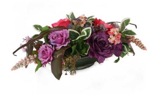 Image of Artificial 25cm Red Rose, Purple Rose And Mixed Foliage Table Display In A Glass Vase