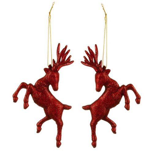 Image of Set Of Two Hanging Red Glitter Reindeer Christmas Decorations