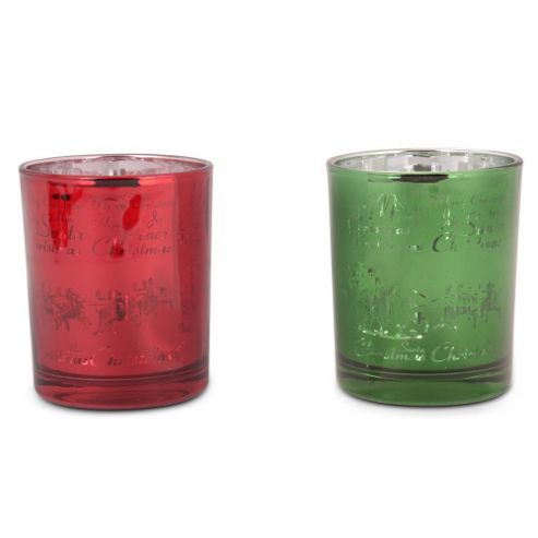 Image of Pair Of Gloss Finish Glass Tealight Holders With Christmas Silhouettes