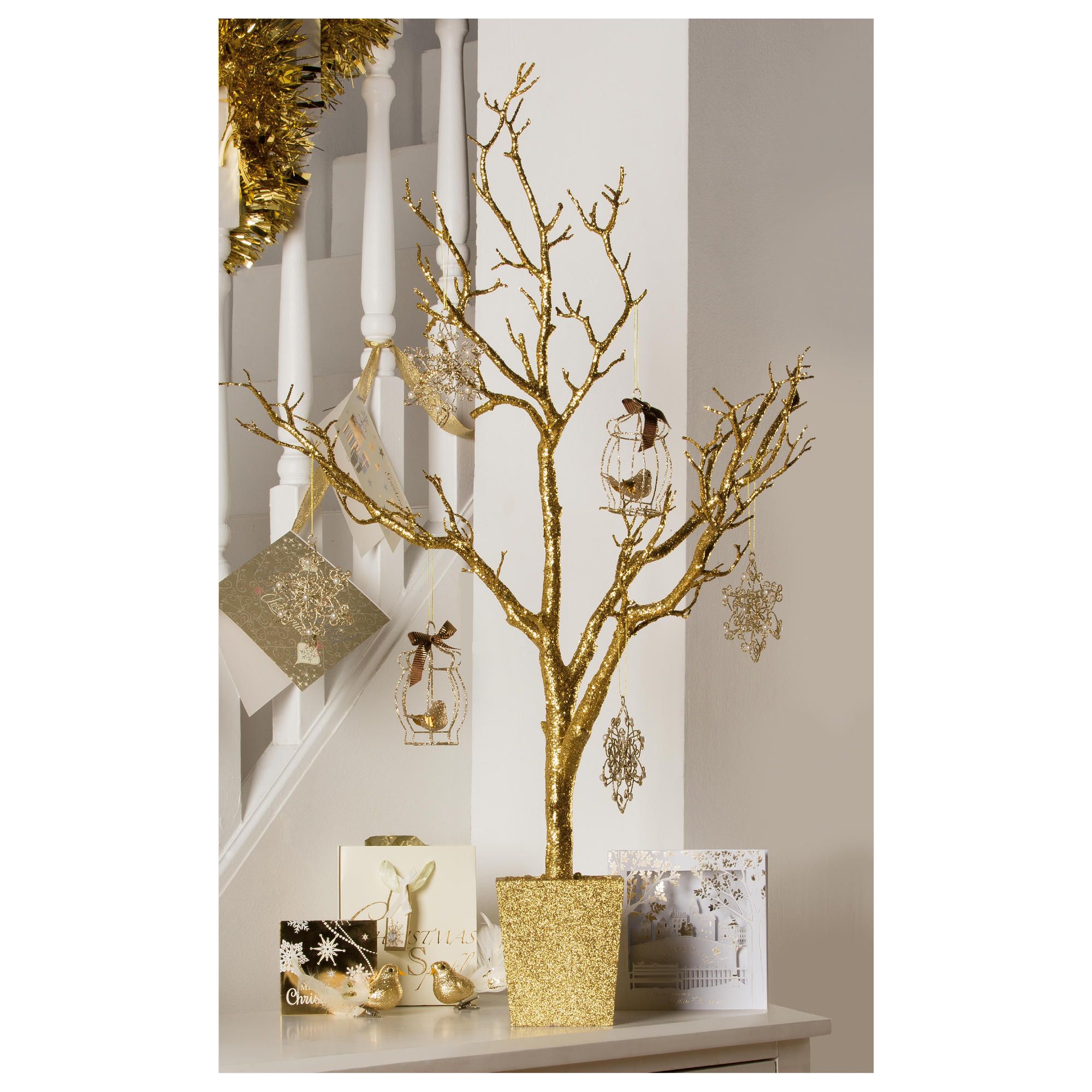 Festive 3ft Gold Glitter Twig Look Christmas Tree In Pot Gables and