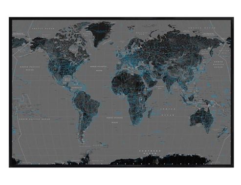 Image of Gloss Black Framed Black & Blue World Map Poster