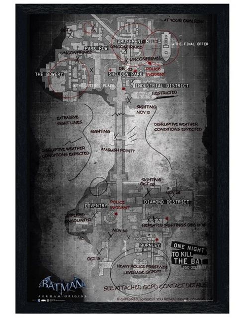 Image of Black Wooden Framed Batman Arkham Origins Map Poster