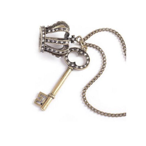 Image of Vintage Style Burnished Gold Crown And Key Necklace