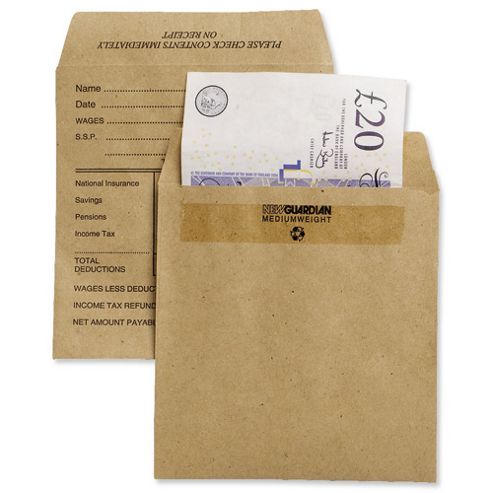 Image of New Guardian Wage Envelopes Press Seal Medium Printed Pocket Manilla 108x102mm [pack 1000]