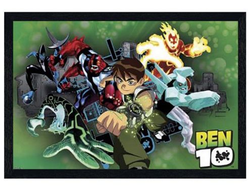 Image of Ben 10 Black Wooden Framed Ben Tennyson & The Omnitrix Aliens Poster