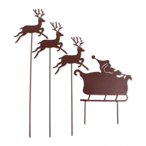 Image of Metal Father Christmas Sleigh Silhouettes On Stakes With Three Reindeer