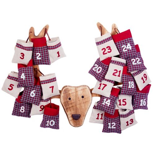 Image of Wooden Christmas Advent Calendar Reindeer Head With Numbered Fabric Bags