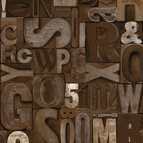 Image of Muriva Slate Letters Wallpaper - Brown