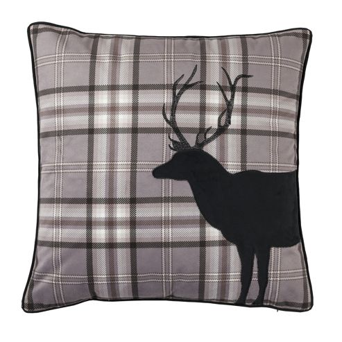 Image of Catherine Lansfield Home Cosy Corner Tartan Stag Charcoal Cushion Cover