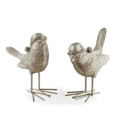 Image of Set Of Two Gold Coloured Birds In Hats Christmas Ornaments