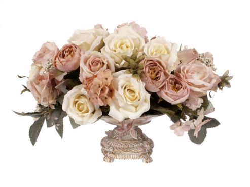 Image of Artificial 30cm Pale Pink Rose, White Rose, Blush Pink Peony And Mixed Foliage Table Display In An Ivory And Gold Mini Ceramic Vase
