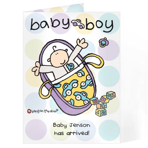 Image of Personalised Bang On The Door Baby Boy Card