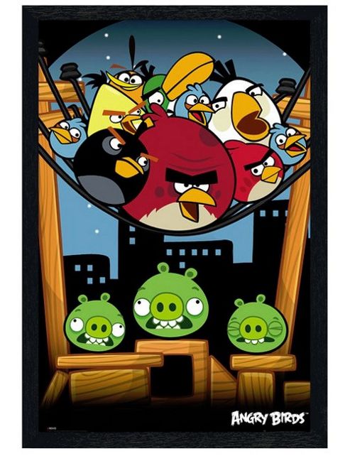Image of Black Wooden Framed Angry Birds On A Wire Poster