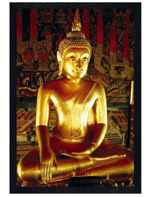 Image of Buddhism Buddha Black Wooden Framed Golden Buddha Statue Poster