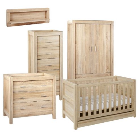 Image of Tutti Bambini Milan 6 Piece Room Set (cot, Chest, Wardrobe, Tallboy, Shelf, Mattress) - Reclaimed Oak Finish