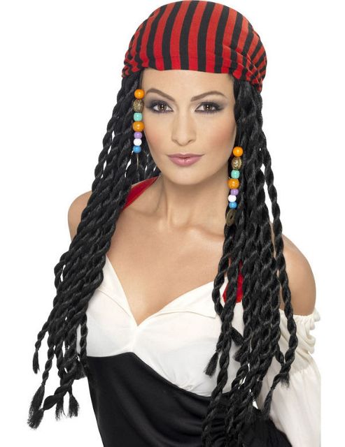 Image of Women's Black Pirate Wig With Bandana