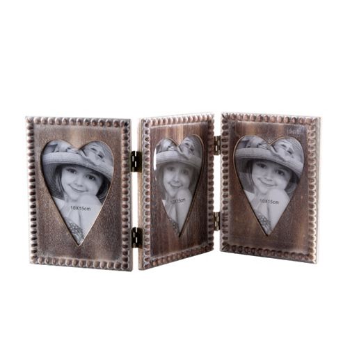 Image of Wooden Folding Hinged Triple Heart Picture Frame Home Decoration