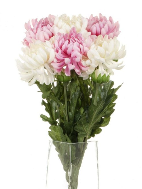 Image of Artificial 55cm Single Stem Double Headed Chrysanthemums X 6 (3 X White And 3 X Pink)