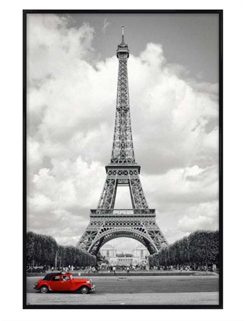 Image of Gloss Black Framed Red Car In Front Of The Eiffel Tower Poster