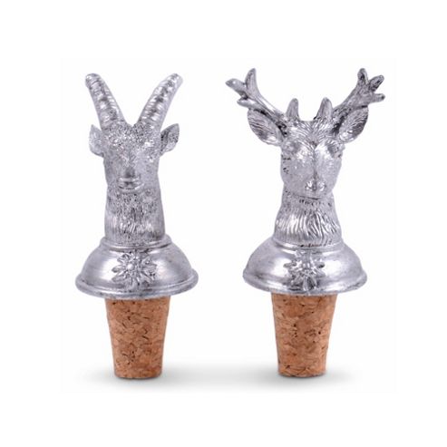 Image of Silver Coloured Set Of Stag And Ram's Heads Bottle Stoppers