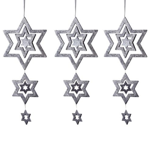 Image of Set Of Three Silver Glitter Multi-star Hanging Decorations