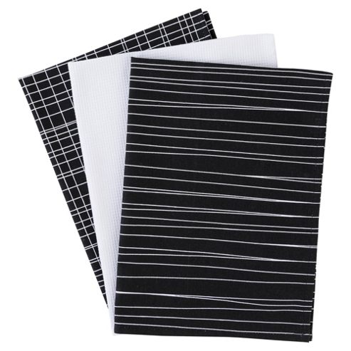 Image of Tesco Basics Black And White Check Tea Towels, 3 Pack