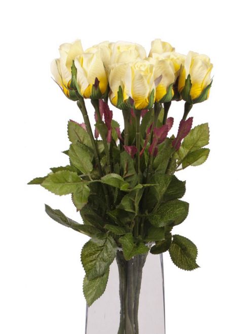 Image of Artificial 60cm Single Stem Closed Bud Yellow And Cream Roses X 12